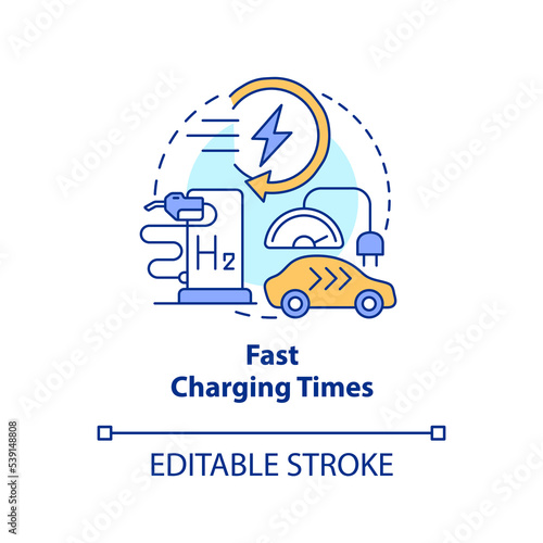 Fast charging time concept icon. Hydrogen fueled car. Benefit of h2 usage abstract idea thin line illustration. Isolated outline drawing. Editable stroke. Arial, Myriad Pro-Bold fonts used