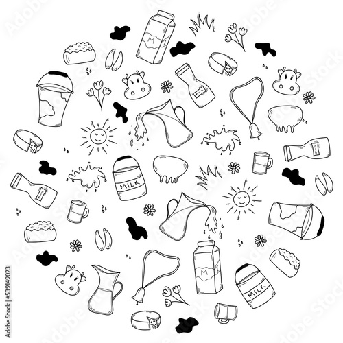 Doodle milk set in circle vector illustration isolated on white background.