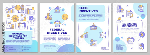 Hydrogen financial incentives blue brochure template. Carbon free economy. Leaflet design with linear icons. Editable 4 vector layouts for presentation, annual reports. Arial, Myriad Pro fonts used