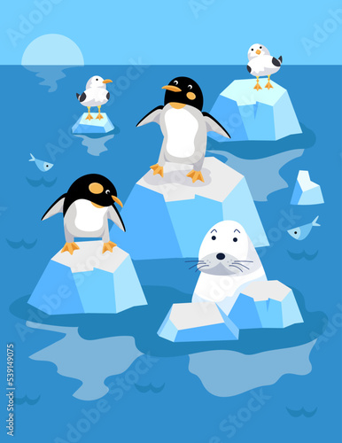 Cute polar animals  penguins  birds. Seal among the ice  icebergs in cartoon style. Scene for poster. Vector illustration.