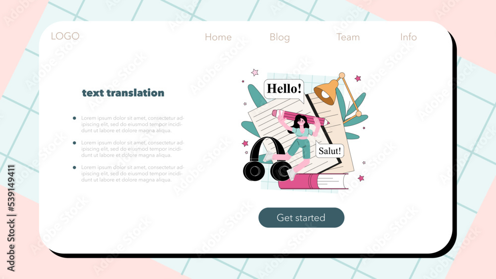 Translator web banner or landing page. Linguist translating document Translator web banner or landing page. Linguist translating document