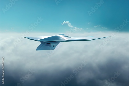 Battle war drone flying in the sky, an unmanned combat aerial vehicle, controlled by war ground control station. Extensively used in the Russia-Ukraine war in 2022 as kamikaze drones. 3D rendering.