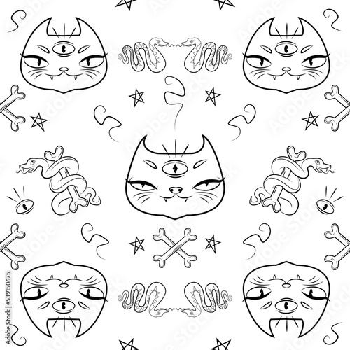 linear seamless pattern with cats and snakes