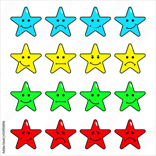 Stars emoji with 16 different shapes. Vector design. Happy, sad, angry, laugh, worry, annoyed, sorrowful, cynical, uncomfortable and others.