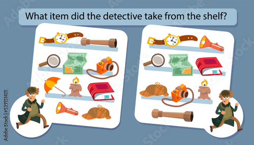 Educational game for children. Puzzle for kids. Find object. Vector illustration. What item did the detective take from the shelf.