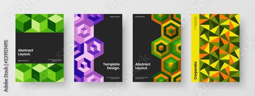 Original mosaic hexagons corporate identity template collection. Colorful journal cover A4 vector design illustration set.