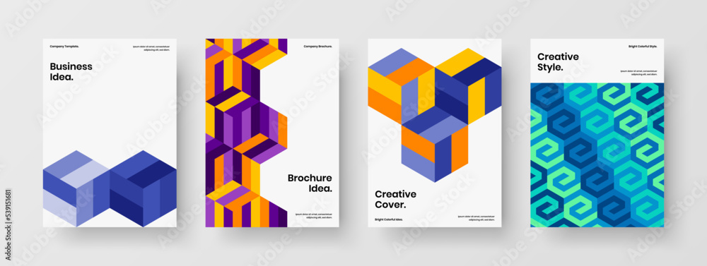 Vivid geometric tiles placard concept bundle. Abstract flyer vector design template collection.