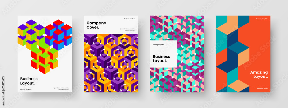 Vivid pamphlet A4 vector design illustration composition. Creative mosaic pattern annual report template bundle.
