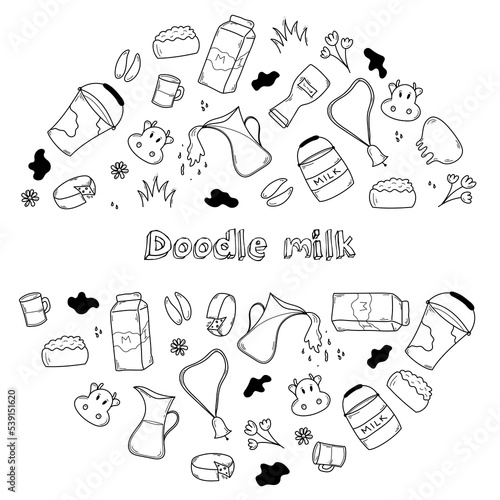 Doodle milk set in circle with free place for title. Vector illustration isolated on white background.