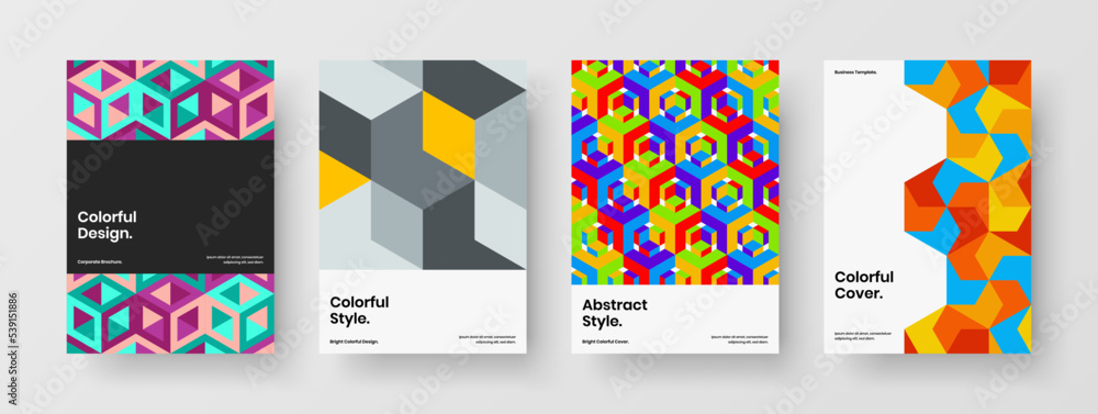 Minimalistic mosaic hexagons handbill illustration composition. Isolated magazine cover A4 design vector template collection.