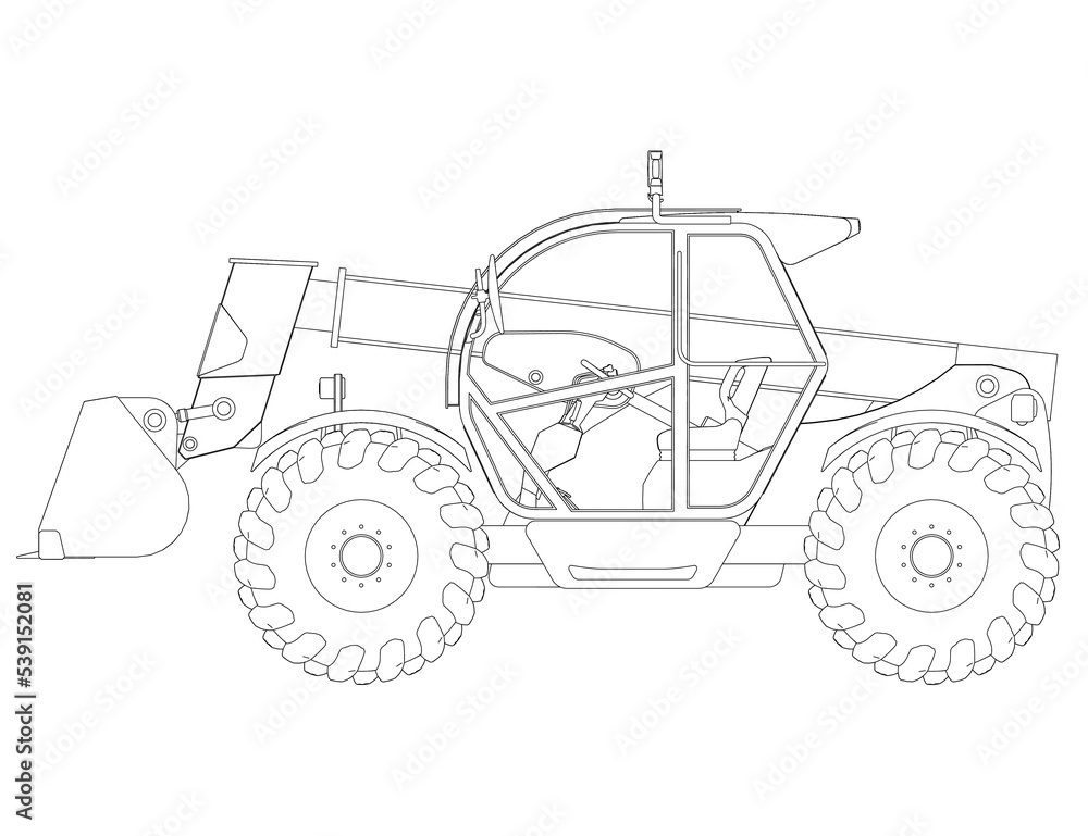 Excavator outline from black lines isolated on white background. Detailed tractor. Side view. 3D. Vector illustration.