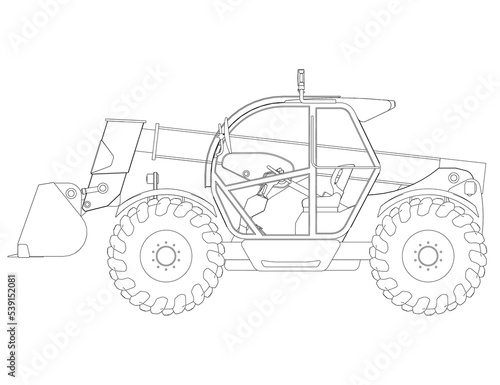 Excavator outline from black lines isolated on white background. Detailed tractor. Side view. 3D. Vector illustration. photo