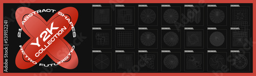 Collection of Y2K elements. Big collection of abstract graphic geometric objects. Simple shapes forms.