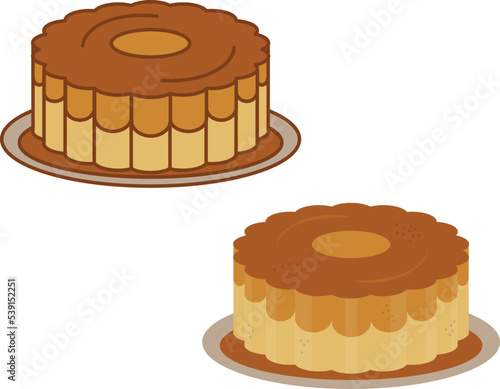Flan pudding with caramel and vanilla topping. Typical brazilian, portuguese, spanish, latin american condensed milk dessert. Vector icon set with outline and colored illustration in flower shape.
