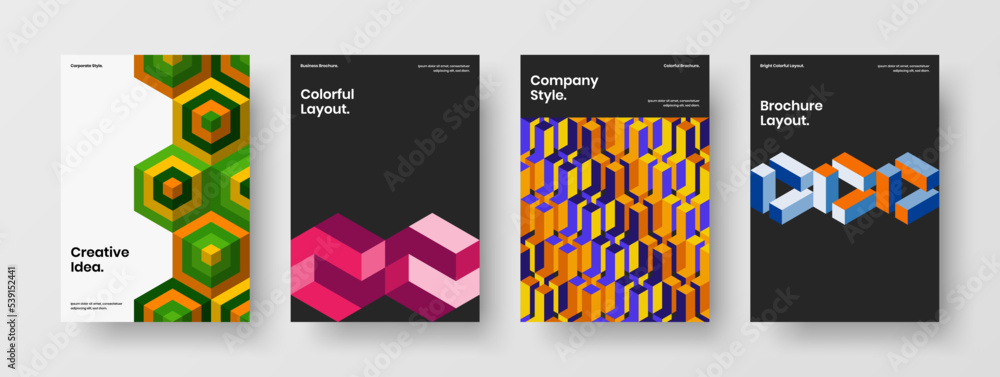 Multicolored mosaic shapes flyer concept bundle. Bright banner A4 vector design illustration collection.