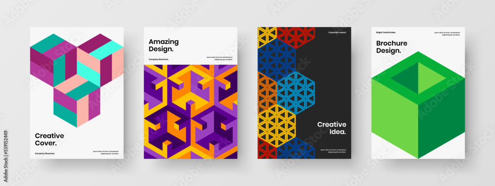 Creative geometric pattern leaflet concept bundle. Premium corporate brochure A4 vector design template set.
