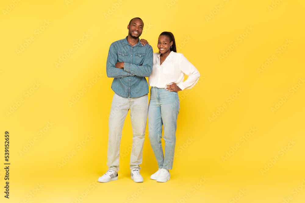 Happy African American Spouses Standing Posing Over Yellow Background Happy African American Spouses Standing Posing Over Yellow Background