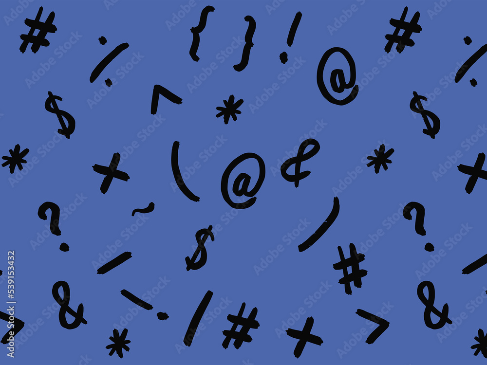 pattern with the image of keyboard symbols. Punctuation marks. Template for applying to the surface. blue background. Horizontal image. pattern with the image of keyboard symbols. Punctuation marks. Template for applying to the surface. blue background. Horizontal image.