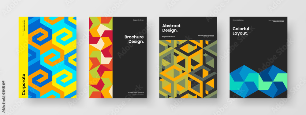 Original company cover A4 design vector illustration collection. Simple mosaic shapes poster layout set.