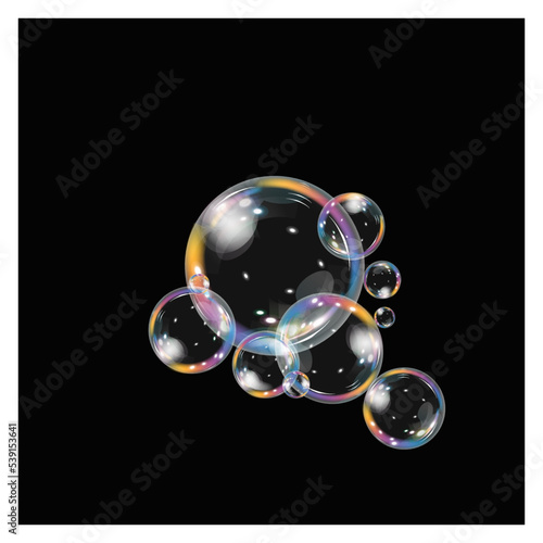 Realistic soap bubbles with rainbow reflection, vector foam bubbles. Colorful rainbow glass sphere with reflection 