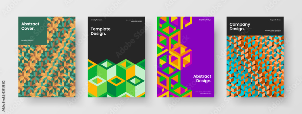 Fototapeta premium Creative mosaic hexagons handbill layout composition. Isolated journal cover A4 design vector concept collection.