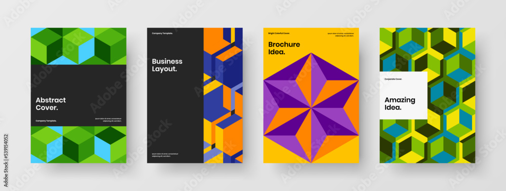 Original geometric tiles front page layout collection. Abstract corporate brochure A4 design vector template bundle.