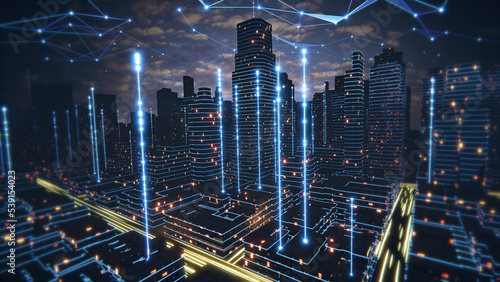 Concept Smart city and abstract line and dot connect with gradient line design, big data connection technology concept. dark data visualisation glowing city. plexus sky. 3d render