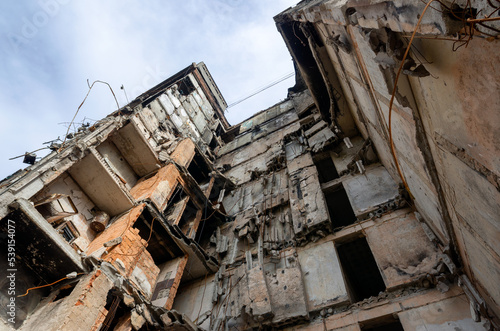 destroyed and burned houses in the city during the war in Ukraine