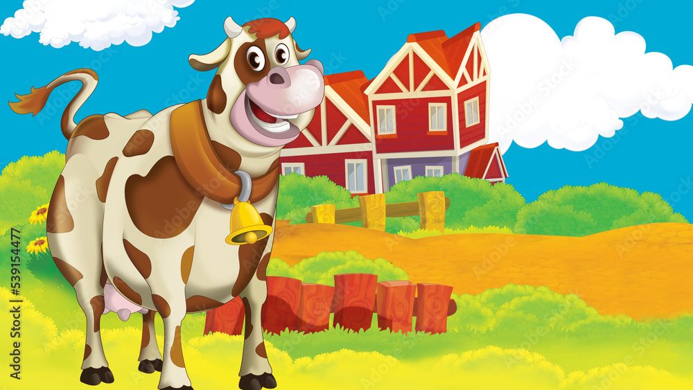 cartoon farm scene with cow illustration