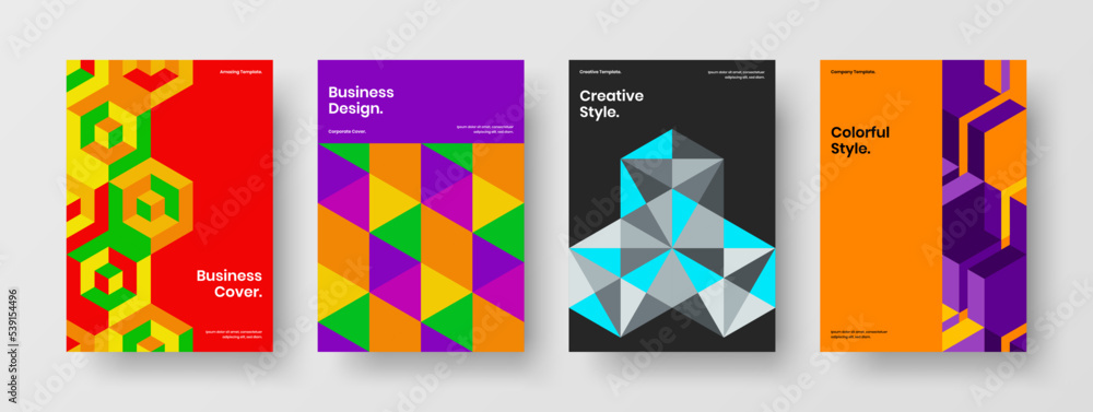 Fresh journal cover A4 vector design template set. Creative geometric shapes handbill layout bundle.