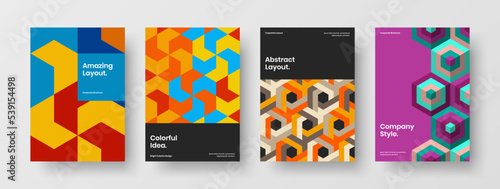 Original magazine cover design vector concept bundle. Multicolored mosaic tiles annual report illustration collection.