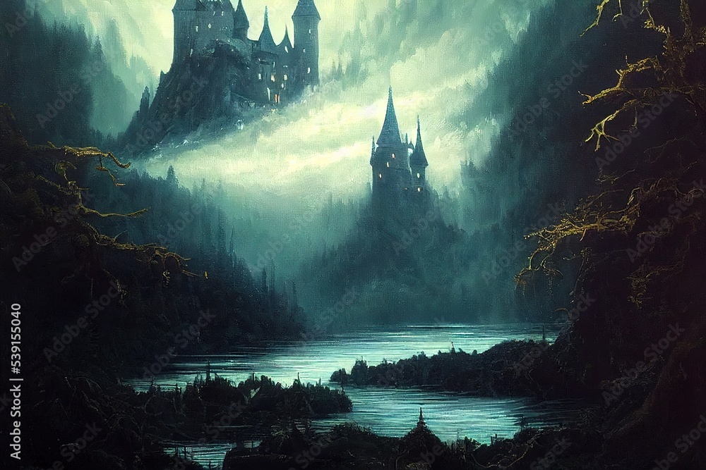 Two Catle There are two castles of different sizes in the mountains. 3D rendering ...
