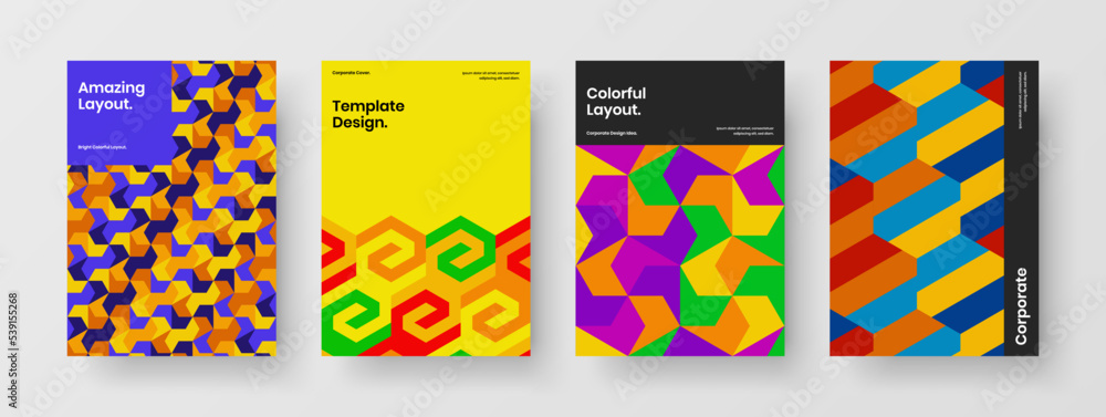 Obraz premium Modern mosaic shapes catalog cover illustration bundle. Colorful banner A4 design vector template set.