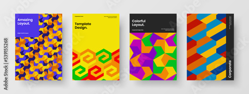 Modern mosaic shapes catalog cover illustration bundle. Colorful banner A4 design vector template set.