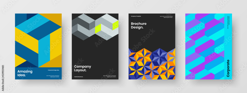Amazing geometric pattern booklet template composition. Clean company cover A4 design vector illustration bundle.