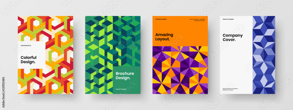 Fresh geometric pattern poster concept set. Vivid postcard A4 design vector layout composition.