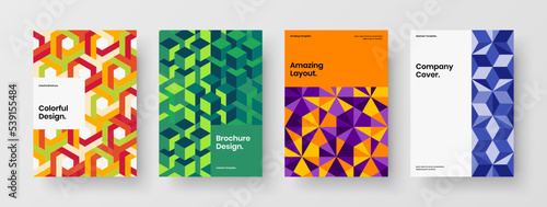 Fresh geometric pattern poster concept set. Vivid postcard A4 design vector layout composition.