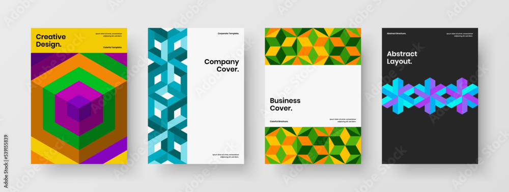 Trendy front page A4 vector design template composition. Multicolored mosaic pattern company brochure layout set.