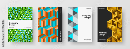 Unique geometric pattern leaflet illustration set. Minimalistic brochure A4 design vector layout collection.