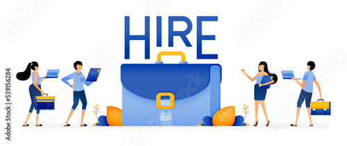 Illustration of people standing around briefcases as a metaphor for job seekers looking for job vacancies. Designed for website, landing page, flyer, banner, apps, brochure, startup media company