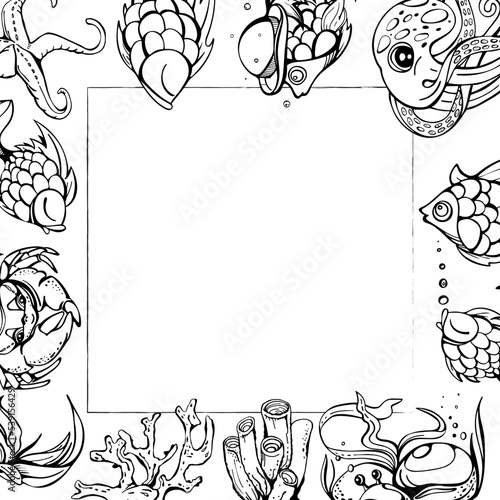 Square Frame  with place text with tropical sea animals. Black and white  cartoon style. For banner, entertaiment for school, kindergarten, menu, sale, hospital.