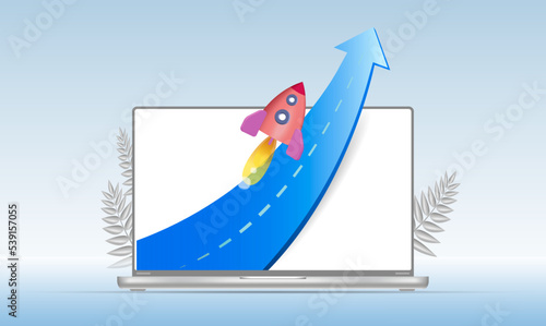 The rocket on the laptop display screen starts up. the concept of moving forward. 3d illustration, vector image.