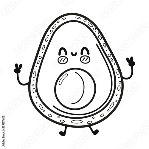 Funny cute happy avocado characters. Vector kawaii line cartoon style illustration. Cute avocado mascot character collection, outline cartoon illustration for coloring book