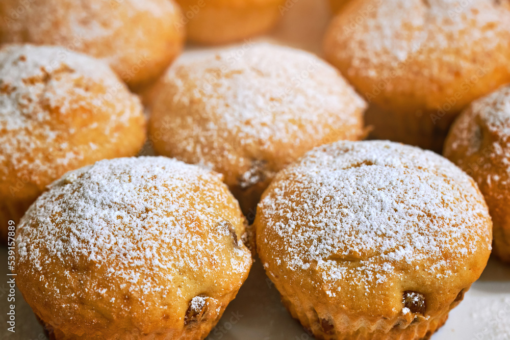 Muffins with powdered sugar, tasty cake. Fresh baked hommeda muffins. Cupcakes sprinkled with powdered sugar