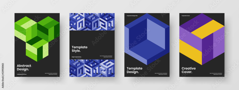 Minimalistic geometric shapes handbill template collection. Bright booklet A4 design vector concept bundle.
