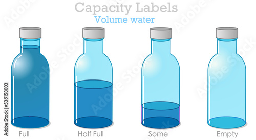 Capacity labels, volume water. Full, half full, empty, some, nearly blue liquid, water in shiny glass bottle. Liquid fraction stages, steps set. Transparency cruet, caps. Illustration vector