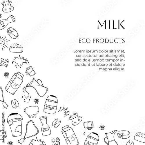 Doodle banner with milk products with free place for text on white background