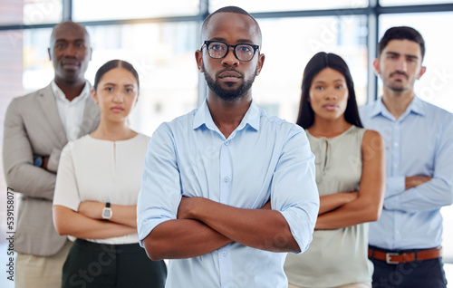 Obraz na plátne Diversity, serious and corporate team portrait with arms crossed in expert legal office workspace