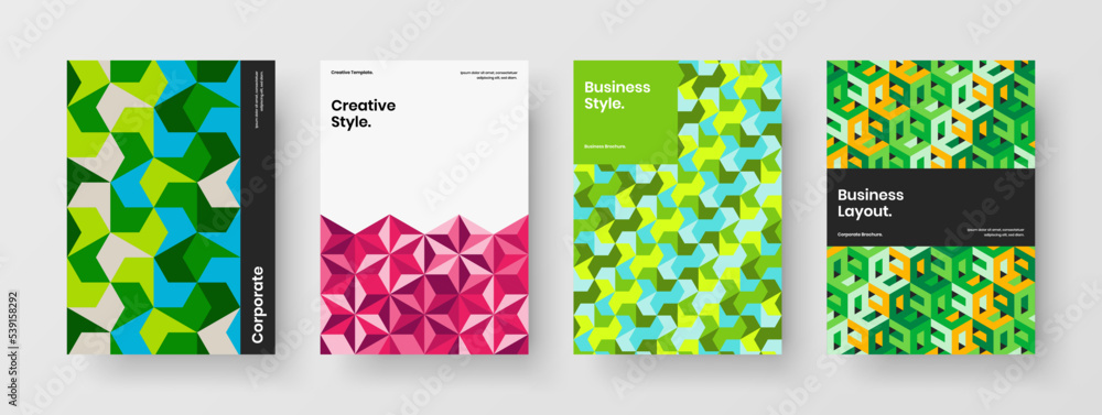 Isolated booklet design vector concept bundle. Abstract mosaic shapes magazine cover layout collection.