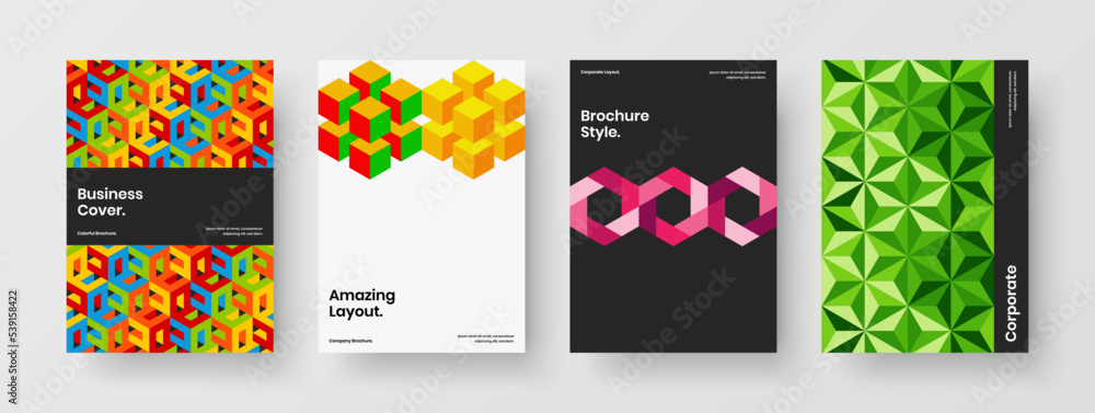 Minimalistic corporate cover A4 vector design concept composition. Unique geometric pattern leaflet illustration set.